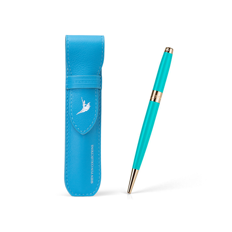 商品組合-經典皮革筆套-天藍＋水晶筆-藍綠