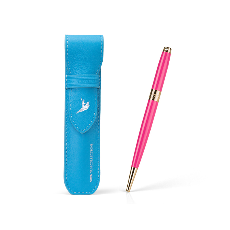 商品組合-經典皮革筆套-天藍＋水晶筆-深粉